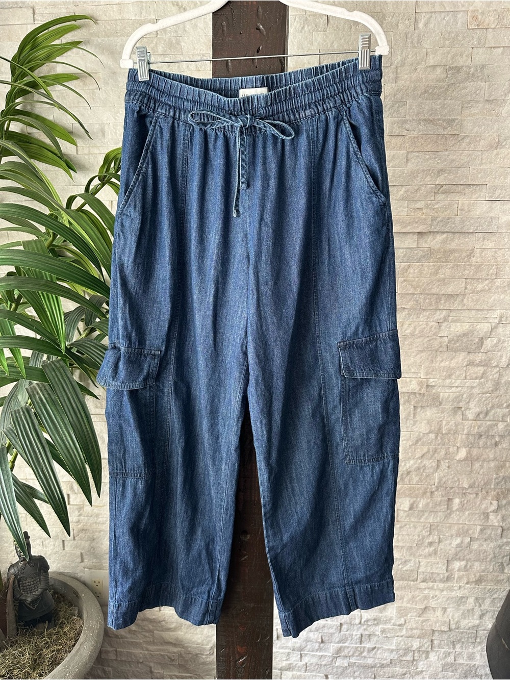 Free Assembly Elastic Drawstring Waist Denim Cotton Wide Leg Cargo Pants Size M